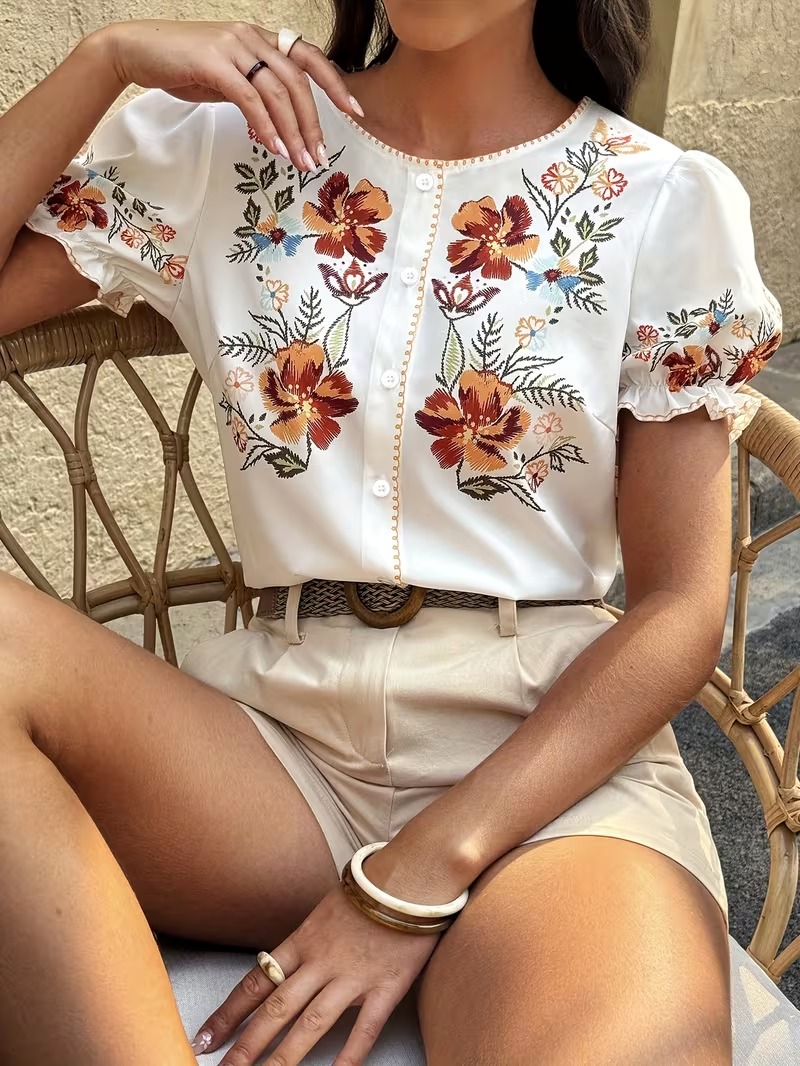 Women’s Floral Embroidered Button-Up Blouse